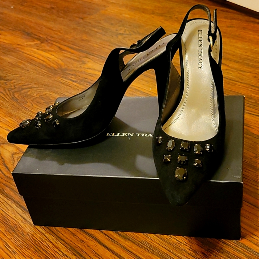 Embellished black suede slingbacks, sz 10M